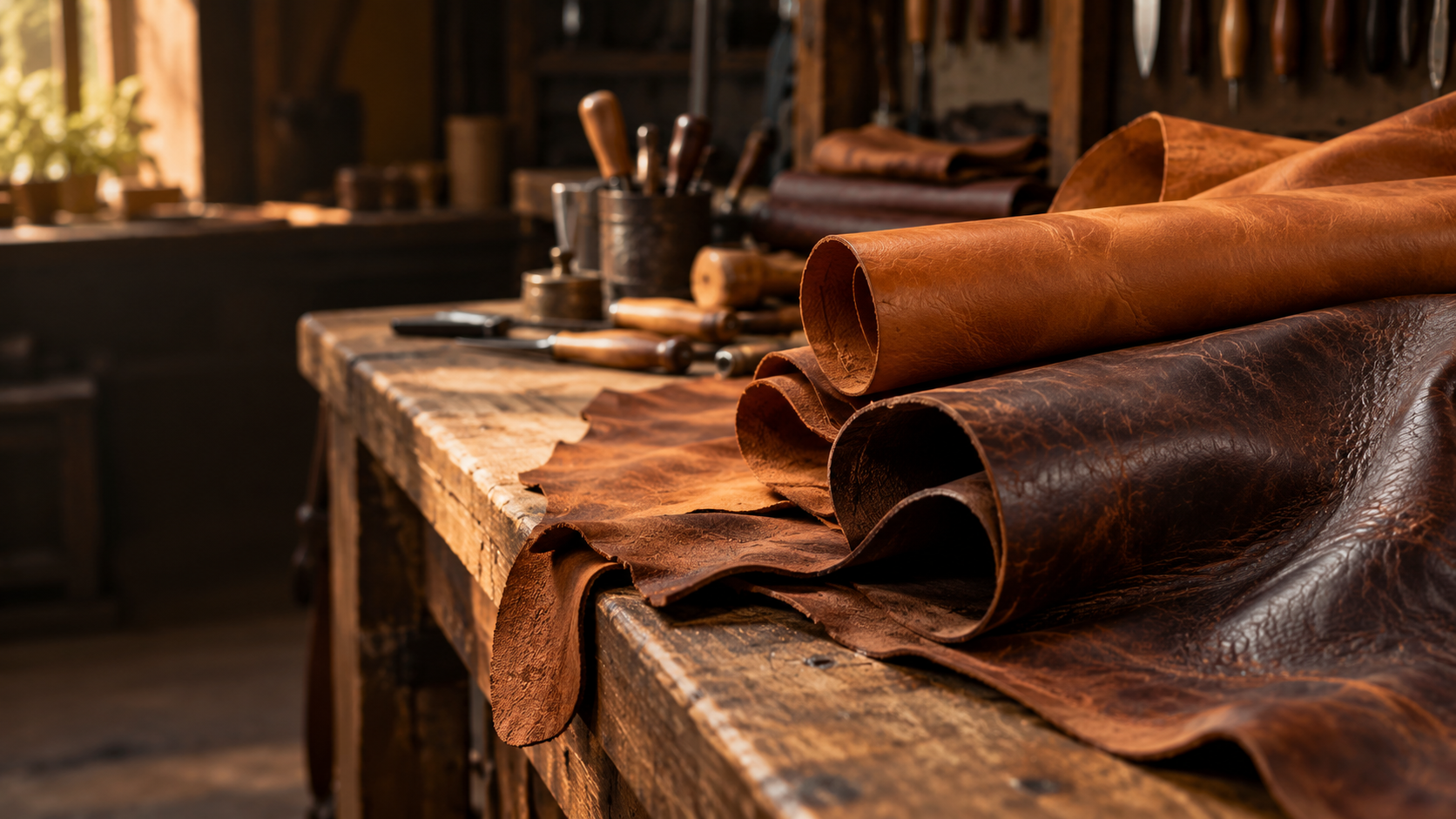 Natural leather hides with visible grain on a finishing bench